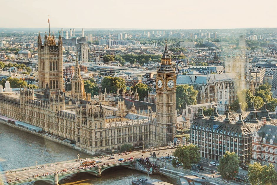 Stunning aerial view of London's iconic Big Ben and the river Thames under daylight